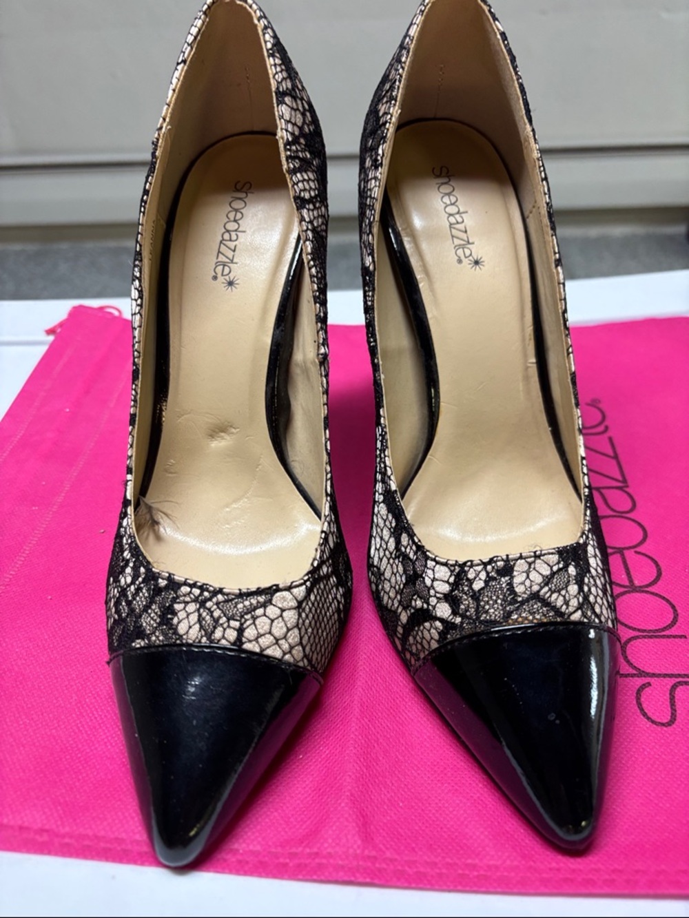 Shoe Dazzle Black Lace & Nude Pointed-Toe Pumps